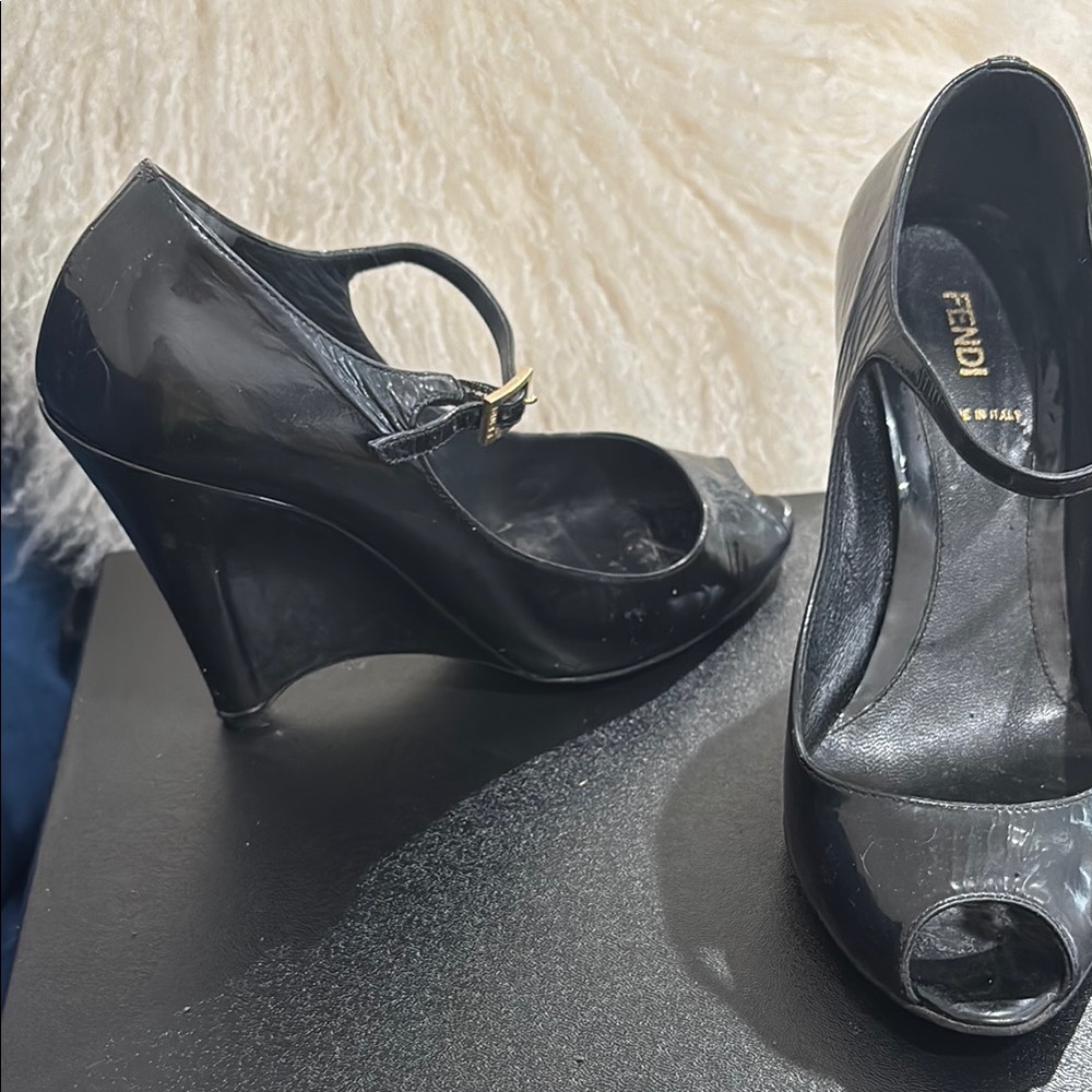 Fendi Black Patent Leather Peep-Toe Mary Jane Heels - Picture 2 of 7